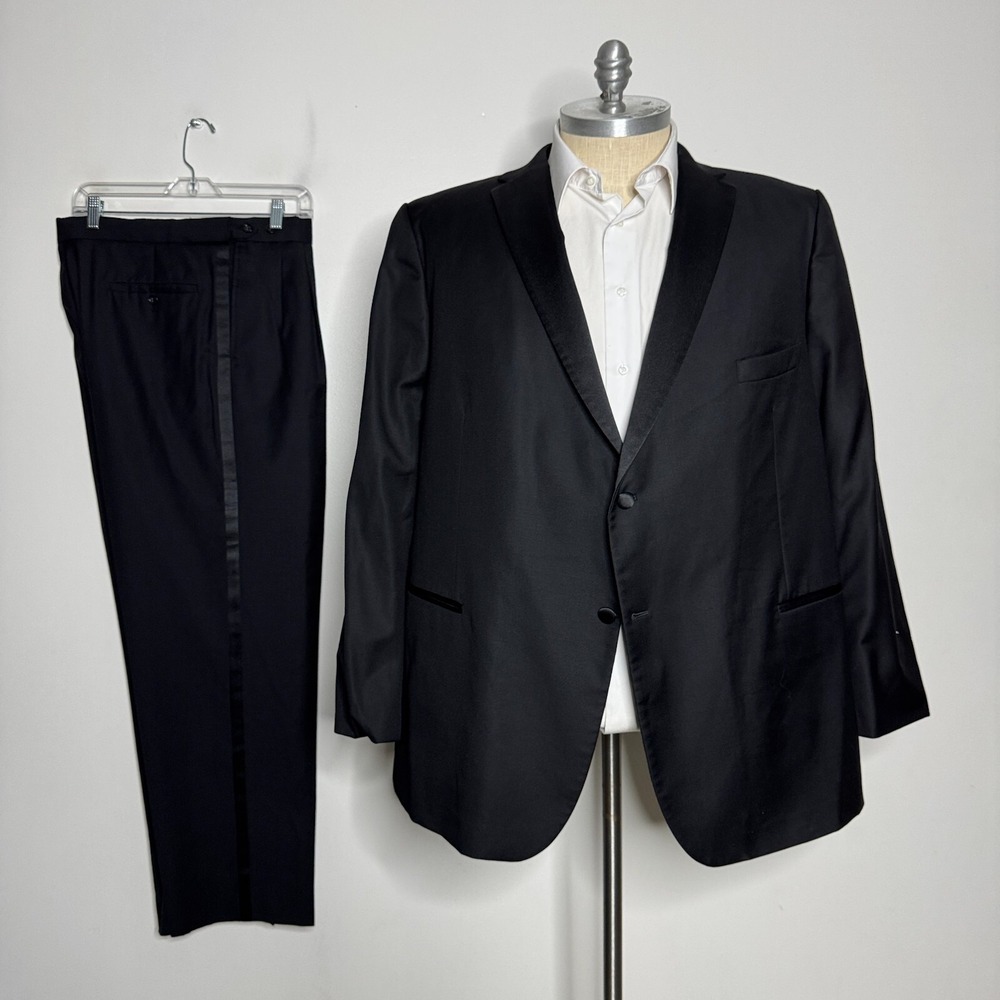 Oliver Wicks Italy Mens 52L Black Wool Two-Piece Suit 36W Pants Solid Super 110s